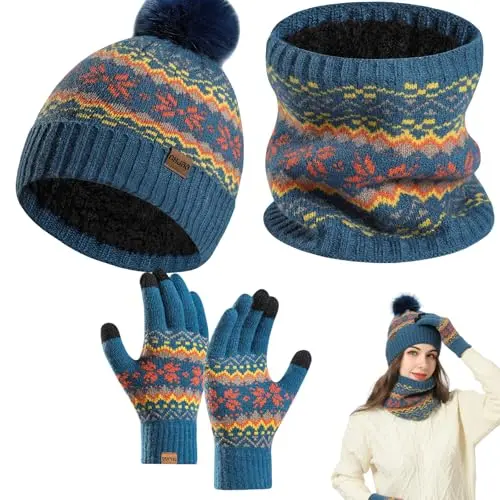 3er Set: Fleece-Wintermütze, Schal und Handschuhe - Weich und Warm (Blau)