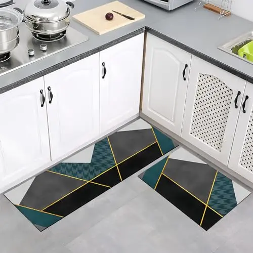 Nivofu Küchenmatten 2er Set (40x120 + 40x60 cm) Waschbare, rutschfeste Küchenteppiche für Küche und Badezimmer, Grün Geometrie