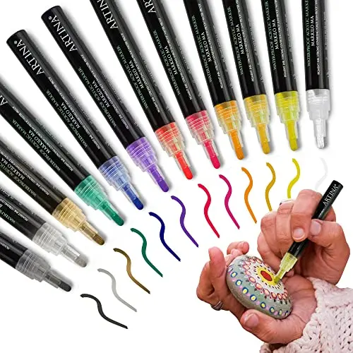 Artina 12tlg Acryl Marker Set - Wasserfeste Acrylstifte für Steine, Glas, Leinwand & Holz
