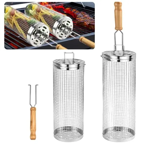 2 Stück Edelstahl Grillkörbe mit Holzgriff – Rollende Grillkörbe für BBQ, Picknick und Camping