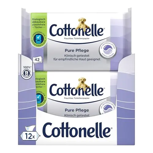 Cottonelle Feuchtes Toilettenpapier Pure Pflege, hypoallergen, parfümfrei, 12 x 42 Tücher