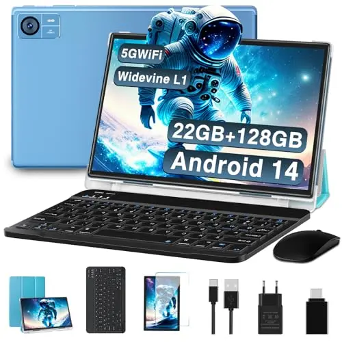 2025 Tablet 10.1 Zoll Android 14 mit 22GB RAM, 128GB ROM, 8000mAh, GPS, Face ID, inkl. Tastatur & Maus - Blau