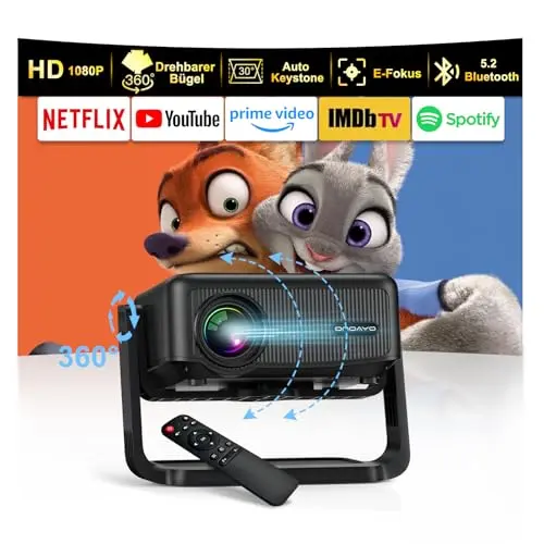 FHD 1080P Beamer mit 360° Ständer, WiFi6 & Bluetooth 5.2 – Outdoor Heimkino Projektor, kompatibel mit Handy und TV-Sticks