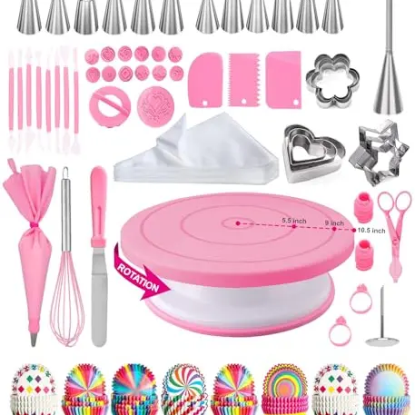 Drehbare Tortenplatte und Backzubehör Set für Anfänger und Profis (Rosa)