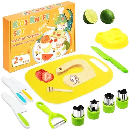 Macmoon 13-teiliges Kindermesser Set für sicheres Kochen mit Gemüse – Holzmesser & Schneidebrett für Kinder