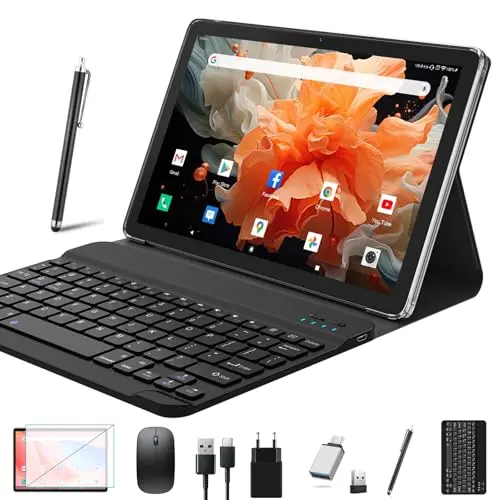 2025 10 Zoll 2-in-1 Tablet mit Tastatur, 128GB, 5G WiFi, Bluetooth 5.0, 1080 FHD, Grau