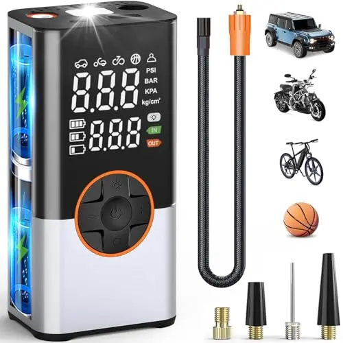 BIBURY 8000mAh Elektrische Luftpumpe 150 PSI - Tragbare Pumpe mit LED und Powerbank für Auto, Motorrad, Fahrrad und Bälle