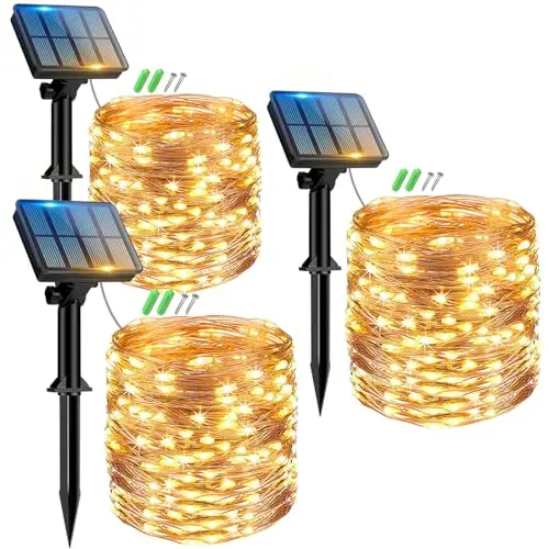 Peasur 3er Solar-Lichterkette 12M, 120 LEDs, wetterfest, warmweiß, 8 Modi für Balkon, Garten, Party und Hochzeit