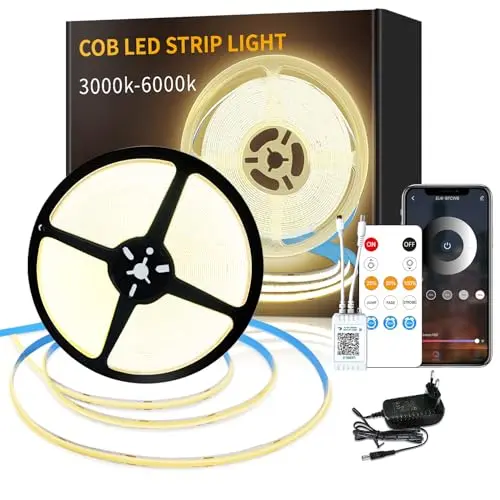 Yeewhale 20m COB LED Strip mit Fernbedienung und App-Steuerung, 3000K warmweiß, flexibel dimmbar für Schlafzimmer & DIY-Dekoration
