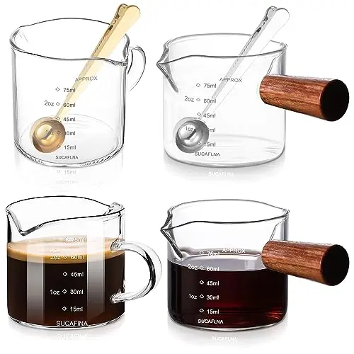 4er Set 75ml Messbecher mit Holzgriff – Mini Doppelausläufe für Espresso und Barista-Zubehör