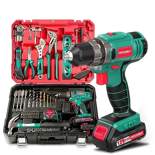 HYCHIKA DIY Werkzeugkoffer mit Akku-Bohrschrauber 30Nm + 104-tlg Universal-Werkzeugset in praktischer Kofferverpackung