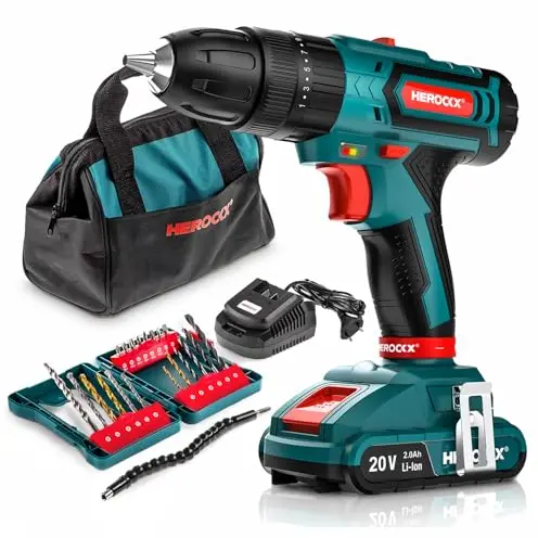 HEROCKX 20 V Akku-Schlagbohrschrauber Set mit 2 Akkus und LED-Licht – ideal für Heimwerker und Garten