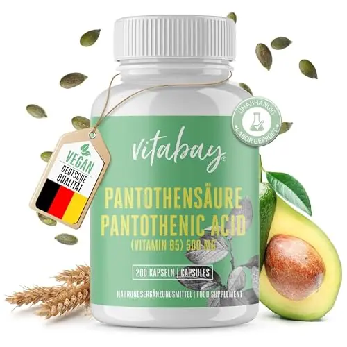 Vitabay Vitamin B5 500mg - 200 Vegane Kapseln - Laborgeprüft und Magensaftresistent