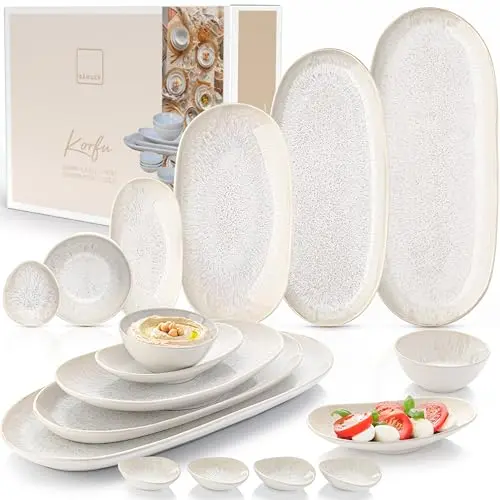 Servierplatten-Set Korfu, 11 Teile, Geschirr aus Steingut, spülmaschinenfest, Creme mit Sandstruktur
