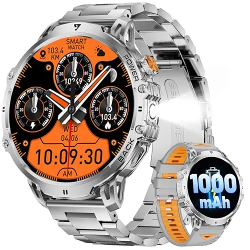 LIGE Militär Smartwatch Herren - 1000 mAh/1,85" HD Großes Touchscreen/LED-Licht, Fitnessuhr mit 110+ Sportmodi, Herz-/Schlaftracking,2 Armbändern,IP68 wasserdicht, Sportuhr für iOS/Android, Silbernes