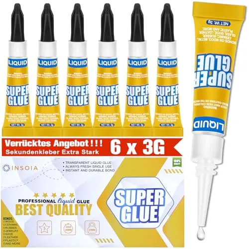 Sekundenkleber Flüssig, 6er-Pack, extra stark & wasserfest - schnelles, flexibles Kleben für Kunststoff, Holz, Porzellan, Glas