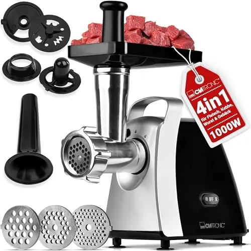 Clatronic Fleischwolf 1000W mit Wurstfüller und Aufsatz für Plätzchen - FW 3803