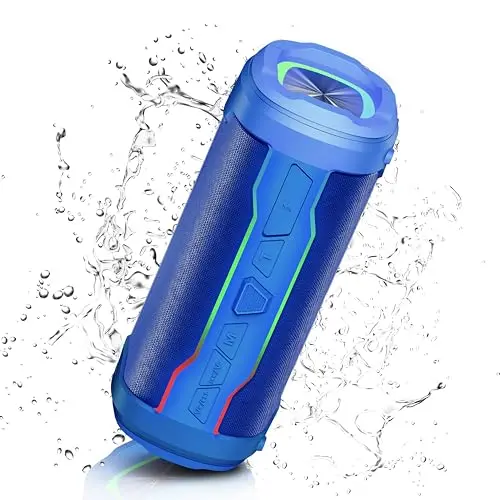 Bluetooth Lautsprecher 20W - Tragbare Musikbox mit RGB Lichtern, IP7 Wasserdicht, 360° Stereo Sound, Blau