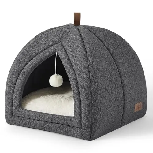 BEDSURE Katzenbett für große Katzen - 40x40x40 cm Katzenhaus mit abnehmbarem Kissen und Spielzeug, waschbar, dunkelgrau
