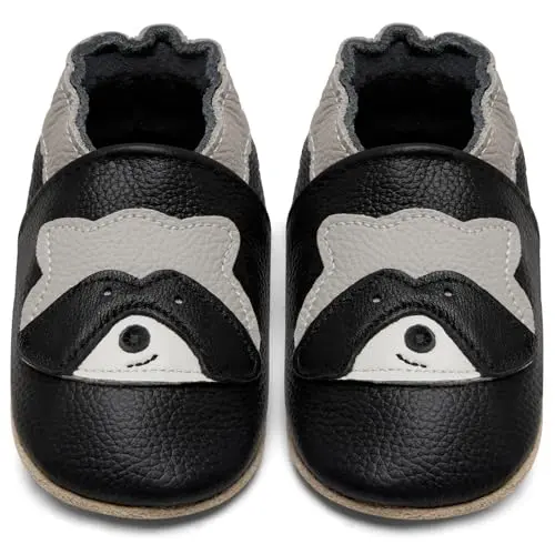 IceUnicorn Krabbelschuhe für Babys, weiche Lederschuhe, rutschfeste Hausschuhe (Schwarzer Waschbär, 0-6 Monate)