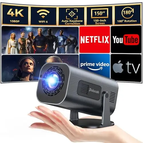 Polocsh Mini Beamer, 4K und 1080P Full HD, Mini Projektor mit Android 11, WLAN 6 und BT 5.2, drehbar für Handy und Laptop