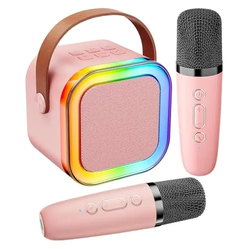 Irosiy Tragbare Bluetooth-Karaoke-Maschine mit LED-Lichtern – Ideal für Reisen und Partys (Rosa)