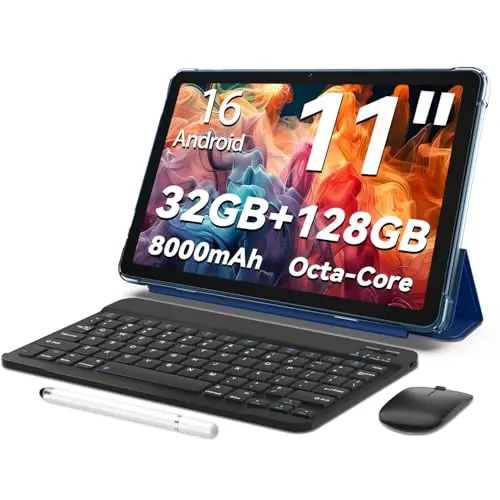 TUOHAITIME 11'' Android Tablet, 32GB + 128GB, erweiterbar, mit Tastatur und Stift, WiFi 6, 8000mAh Akku (Blau)