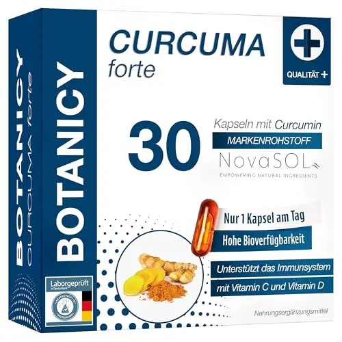 BOTANICY Curcuma forte - 30 Kurkuma Kapseln mit NovaSOL Curcumin und Vitaminen C und D - Hochdosiert, Laborgeprüft in Deutschland