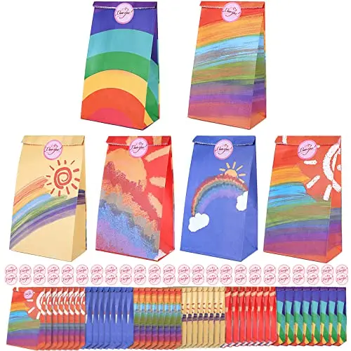 Romon Papiertüten Kindergeburtstag, 48 Stück, bunte Kraftpapier-Tüten mit Aufklebern für Geschenke, Party, Feier, Hochzeit