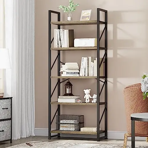 YITAHOME Bücherregal mit 5 Ebenen, Industrielles Standregal für Wohnzimmer und Büro, Grau
