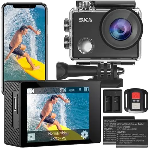 Yonvim Action Camera 5K30FPS 30MP wasserdicht, WiFi, Ultra-Weitwinkel, mit Fernbedienung und Akkus