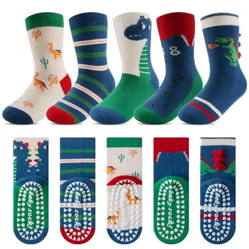 Kyopp 5 Paar Anti-Rutsch Socken für Kinder mit Tiermotiven, Baumwolle, Größe 25-37 EU