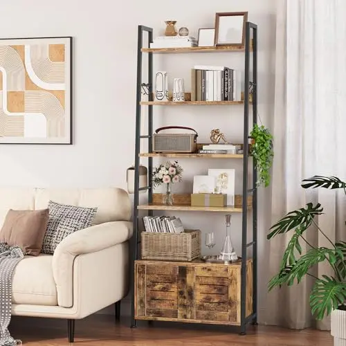 YITAHOME Bücherregal, freistehendes Leiterregal mit Schrank und 4 Haken, Vintagebraun