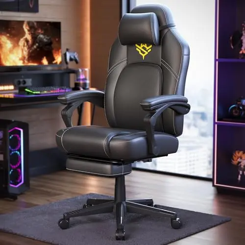 SONGMICS HOME Ergonomischer Gaming-Stuhl mit Fußstütze und Kopfkissen, höhenverstellbar, tintenschwarz