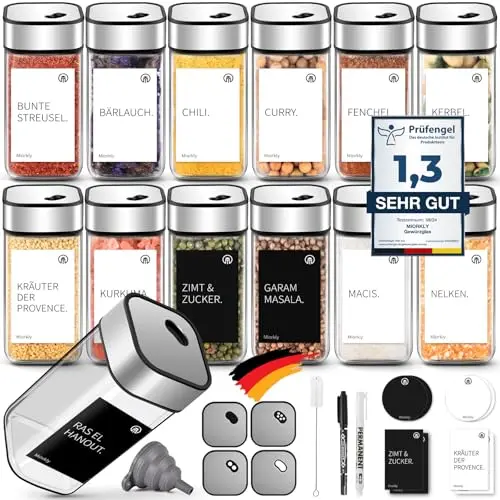 Miorkly 12 Gewürzgläser mit Drehdeckel, 120ml, Edelstahl & Glas, inklusive Trichter, Etiketten & Stift