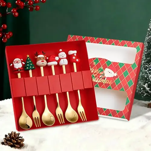 WEFHEF Weihnachtslöffel Set, 6 Stück Edelstahl Löffel für Weihnachten - Geschirr Set für Adventskalender