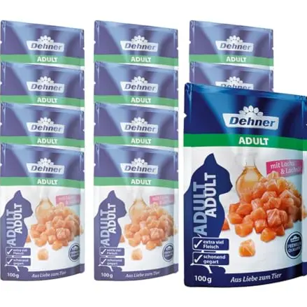 Dehner Premium Katzenfutter, Lachs, Nassfutter für ausgewachsene Katzen, 12 x 100 g