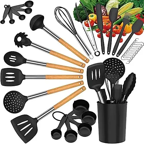 LVEON Küchenutensilien-Set, 33-teilig, hitzebeständig, mit Holzgriff und Antihaft-Oberfläche