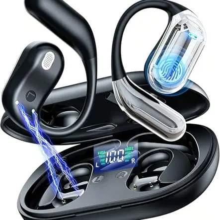 Bluetooth Open Ear Sportkopfhörer mit 50 Std Akku, Schnellladung, flexiblen Ohrhaken, Touch-Control, Klarmikrofon, LED-Ladebox, wasserfest