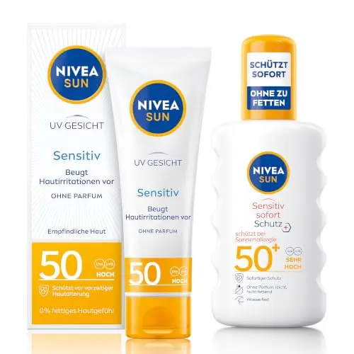 NIVEA SUN Sensitiv Set mit Gesichtssonnenschutz & Spray LSF 50, parfumfrei, beruhigt Haut & wasserfestes Sonnenspray für empfindliche Haut
