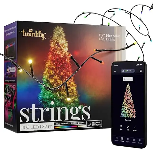 Twinkly Strings LED-Lichterkette 400 RGB+ Weiß, 32m, Smart LEDs für Innen- und Außenbetrieb, App-Steuerung, Schwarz
