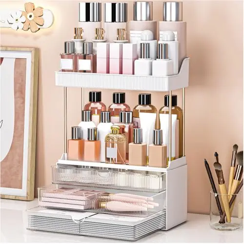 Storivo Makeup Organizer mit 2 Etagen und 3 Schubladen - Großer Kosmetik Organizer, Transparent