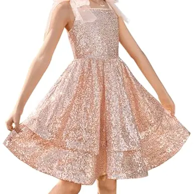 GRACE KARIN Mädchen Partykleid mit Pailletten, Schulterträger, Roségold, 10 Jahre