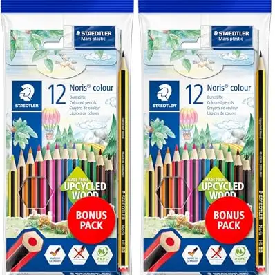 Staedtler Buntstifte Noris colour, 12 Farben, Soft-Oberfläche, bruchfest, aus Upcycled Holz, inklusive Radierer & Bleistift