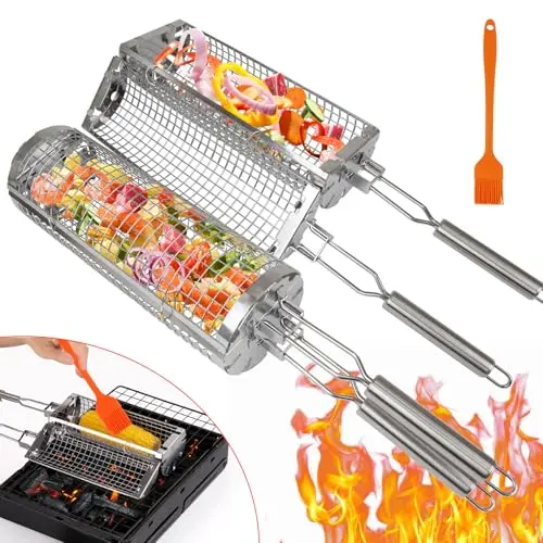 JUAUO 2-Stück Grillzubehör - Rotierender Grillkorb mit Edelstahlgriff für Gemüse, Fleisch & Meeresfrüchte