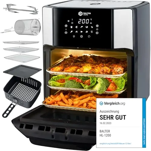 Balter Heißluftfritteuse Airfryer XXL, 12 Liter, 10 Programme, All-in-1 mit Rezeptbuch