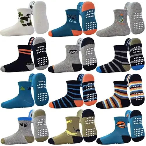 GRPSKCOS Antirutschsocken für Kinder - 12 Paar Rutschfeste Socken ABS für Jungen und Mädchen (Jurassic Era, 1-3 Jahre)