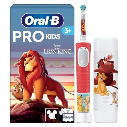 Oral-B Pro Kids König der Löwen Elektrische Zahnbürste für Kinder – inkl. 1 Aufsteckbürste und Reise-Etui, Weiß/Rot