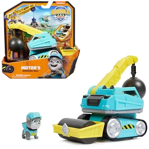 Rubble & Crew Abrissbirnen-Baufahrzeug mit Motor-Figur, beweglicher Kugel und Asphaltfertiger, für Kinder ab 3 Jahre