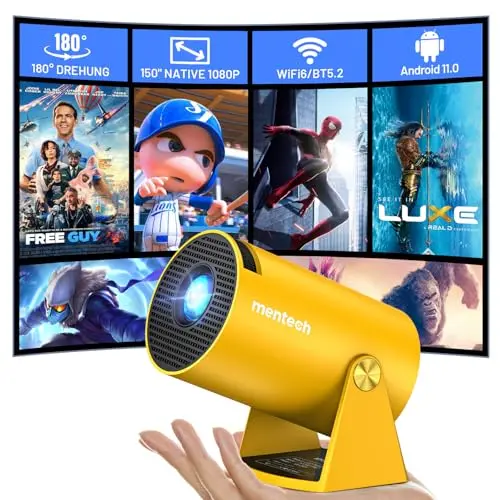 Mentech Mini Beamer - 180° drehbarer Projektor mit WiFi, Bluetooth und Android TV 11.0, 1080P, 150" für Heimkino